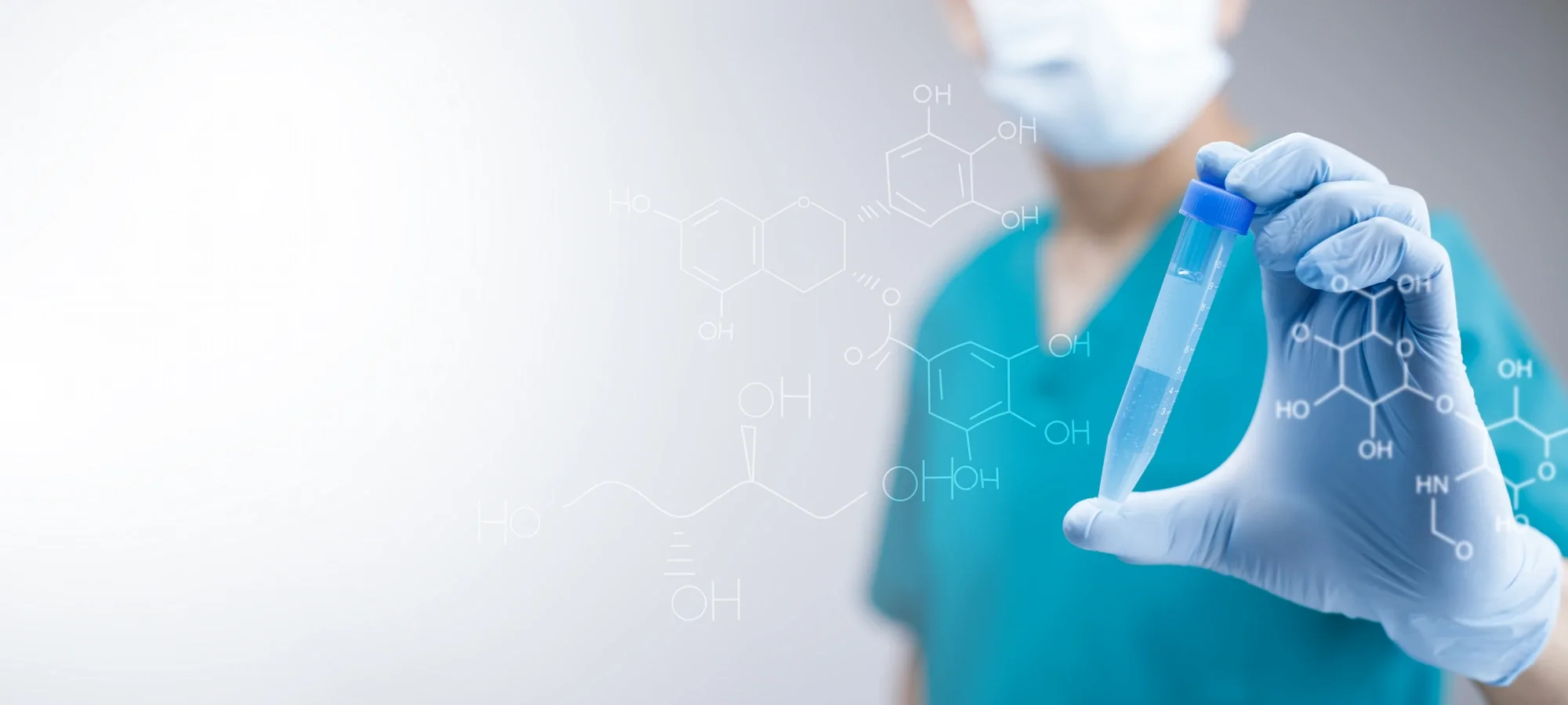 Scientist holding a sample tube with a molecular structure overlay