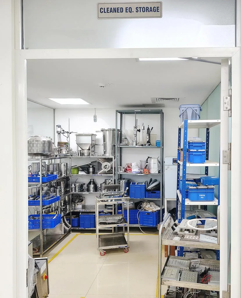 Stabicon cleaned equipment storage room with shelved machine parts, change parts and utensils