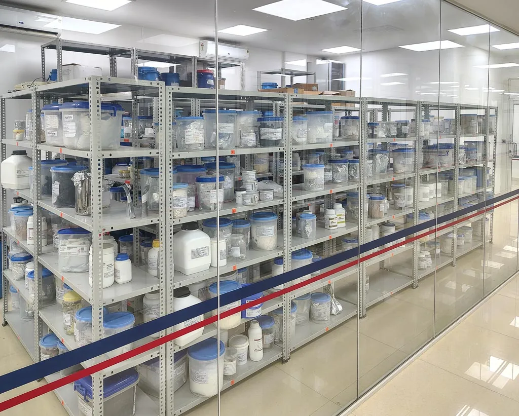 Stabicon raw material store with shelved, labelled containers of excipients and actives behind glass partitions